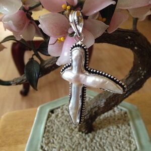 Vintage Pearl Cross Pendant in White and Silver